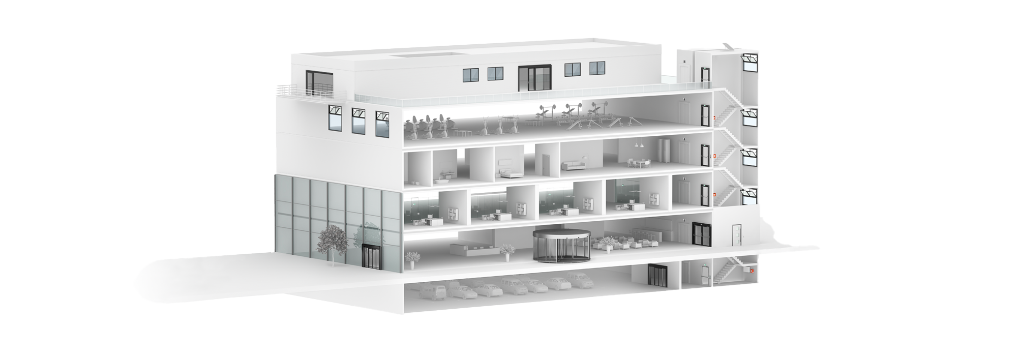 Rendering eines modernes Bürogebäude mit Fitness und Tiefgarage 3D Schnittansicht modernes Bürogebäude